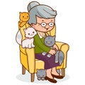 Old woman sitting in her armchair with her cats. Vector Illustration