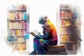Old woman sitting on books reading a book in a library, vector illustration