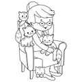 Old woman sitting in her armchair with her cats. Vector black and white coloring page