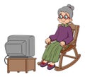 Old woman sitting in an rocking chair and watching TV