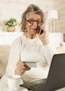 Old woman makes an order online using a credit card Royalty Free Stock Photo