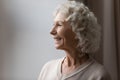 Mature woman smiles admires view from window feels carefree