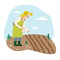Old woman sows grain. Vector illustration flat design. Isolated on white background.