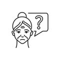 Old woman with speech bubble and question mark line black icon. Memory loss Brain disease alzheimer\'s. Decrease in mental human