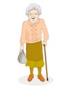 Vector illustration of a senior lady standing happily with her walking stick, carrying her bag Royalty Free Stock Photo