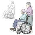 Old woman standing with man sitting on wheelchair vector illustration sketch doodle hand drawn with black lines isolated on white Royalty Free Stock Photo