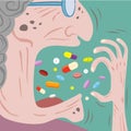 Old Woman throw a lot of pills in to her mouth