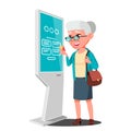 Old Woman Using ATM, Digital Terminal Vector. Advertising Touch Screen. Floor Standing. Money Deposit, Withdrawal Royalty Free Stock Photo