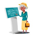 Old Woman Using ATM Machine, Digital Terminal Vector. Digital Kiosk LED Display. Self Service Information System Royalty Free Stock Photo