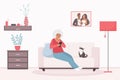 Old woman using phone, grandmother sitting on sofa in home living room with smartphone
