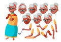 Old Woman Vector. Black. Afro American. Senior Person. Aged, Elderly People. Face Emotions, Various Gestures. Animation
