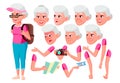 Old Woman Vector. Senior Person. Aged, Elderly People. Friendly, Cheer. Face Emotions, Various Gestures. Animation