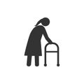 Old woman, walker icon. Vector illustration, flat design. Royalty Free Stock Photo