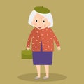 Old woman walking with bag. Grandmother. Cute senior lady walking. Vector illustration.