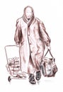 Old woman walking with heavy baggage - drawn pastel pencil graphic artistic illustration on paper Royalty Free Stock Photo