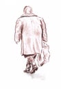 Old woman walking with heavy baggage - drawn pastel pencil graphic artistic illustration on paper Royalty Free Stock Photo