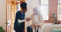 Old woman, walking stick or caregiver in nursing home to help in retirement for medical support. Parkinson, disabled or Royalty Free Stock Photo