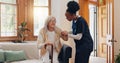 Old woman, walking stick or caregiver in nursing home to help in retirement for medical support. Parkinson, disabled or Royalty Free Stock Photo