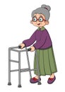 Old woman walking with zimmer frame. Clipart image isolated on white background