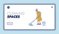 Old woman washing floor with mop and bucket. Household and home cleaning landing page