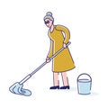 Old woman washing floor with mop and bucket. Household and home cleaning concept Royalty Free Stock Photo