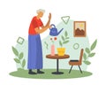 Old woman watering flowers in pots. Positive senior spending time at home Royalty Free Stock Photo