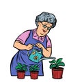 Old woman watering potted flowers