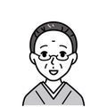 old woman wearing glasses in Japanese kimono, vector illustration, black and white