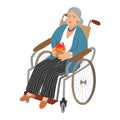 Old woman in a wheelchair with a gift in her hands isolated on a white background. Hand-drawn for design poster or Royalty Free Stock Photo