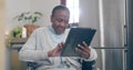 Old woman, wheelchair and tablet happy for online connection, internet reading or social media search. Black person Royalty Free Stock Photo