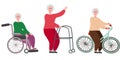 Old woman in wheelchair, walker and on bicycle Royalty Free Stock Photo