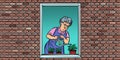 The old woman in the window watering potted flowers