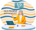 Old woman working on laptop computer at home. Online education, web courses, modern technologies Royalty Free Stock Photo