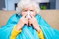 old woman wrapped on blue blanked at home feel sick runny nose