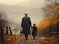 Old woman and young girl holding hands together on hill Royalty Free Stock Photo