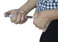 Old women diabetes patient using insulin injection pen in abdomen area on white background isolate