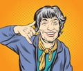 Old women are in a good mood and happy. Showing hand gestures as a telephone symbol.Pop art vector illustration drawing.