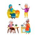 Old Women Grandma Using Mobile Phone Set Vector