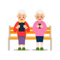 Old women with phone. Two elderly woman are sitting on bench and smiling read messages in smartphone and tablet. Happy retirement