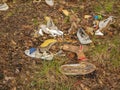 Old women shoes with heels are scattered on the ground in the forest Royalty Free Stock Photo