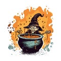 old women witch brews a potion in the cauldron for card greeting