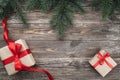 Old wood background with fir branches. Holiday Gifts. Christmas card. Top view Royalty Free Stock Photo