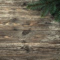 Old wood background with fir branches. Space for a greeting message. Christmas card. Top view. Xmas Square card Royalty Free Stock Photo