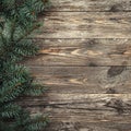 Old wood background with fir branches. Space for a greeting message. Christmas card. Top view. Xmas Square card Royalty Free Stock Photo