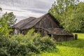 An old wood barn is sitting a field of green grass with a large tree behind it Royalty Free Stock Photo