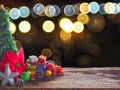 Old wood board And decorations in the space available for placing objects. Background bokeh bubbles colorful. Christmas and New Ye