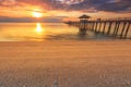 Old wood bridge pier  against beautiful sunset sky use for natural background ,backdrop and multipurpose sea scene Royalty Free Stock Photo