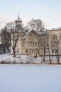 Old wood building in Helsinki, Finland. Winter scene