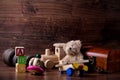 Old Wood Children Toys With Teddy Bear