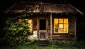 Old wood cottage, abandoned hut, rustic barn, spooky forest landscape generated by AI Royalty Free Stock Photo